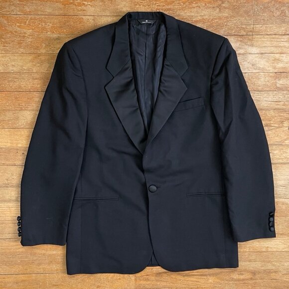Vintage Mens Tuxedo Blazer Size 42 90s Wool & Satin Black Sport Coat Suit Jacket